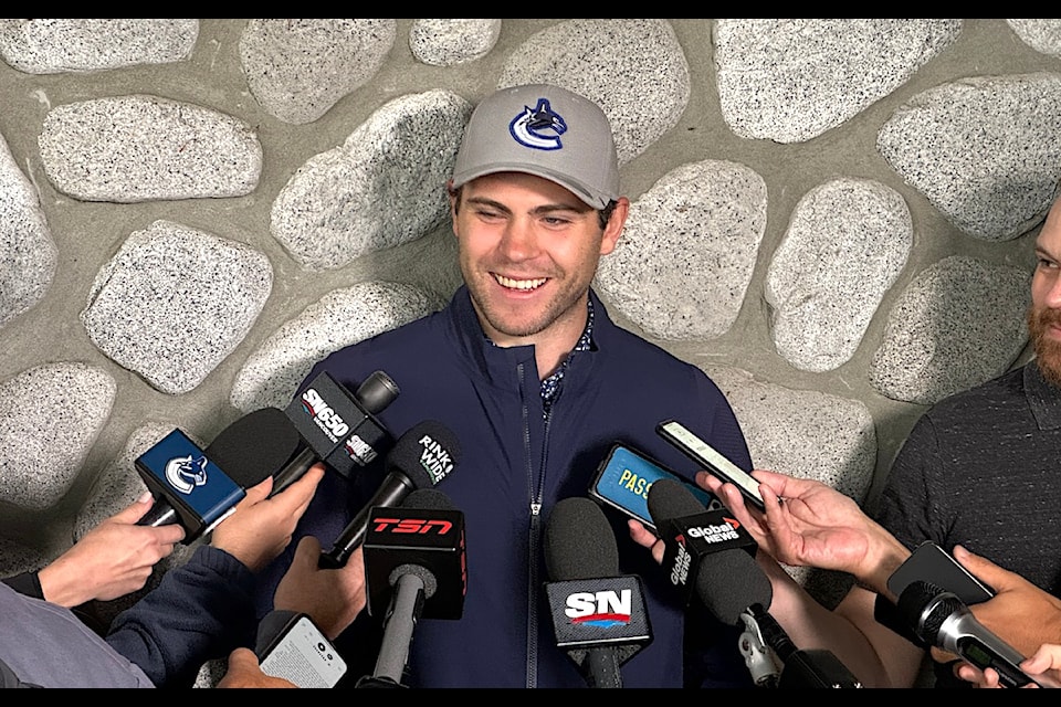 New Canuck Jake DeBrusk speaks to reporters during "The Jake" charity tournament at Northview golf course in Surrey on Monday, Sept. 9, 2024. 