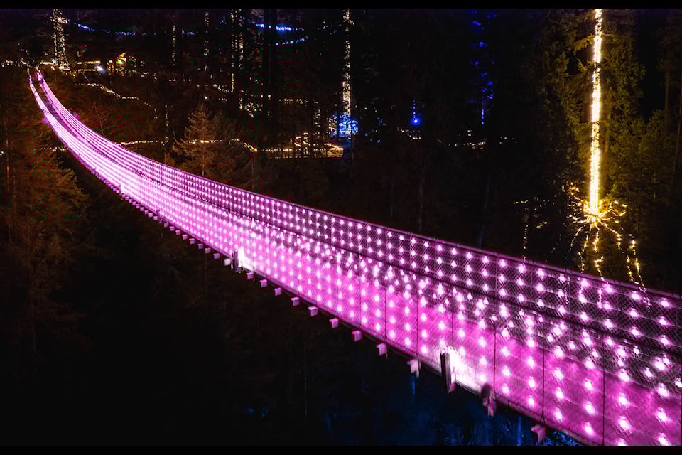 Pink "Love Lights" on the famous bridge at Capilano Suspension Bridge Park in North Vancouver.