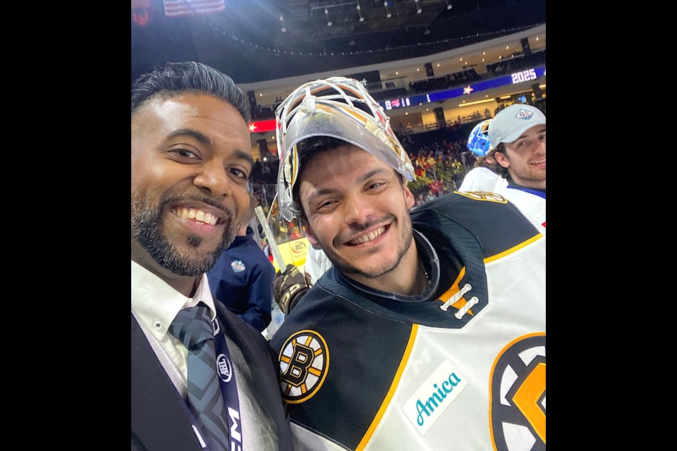 Surrey-based hockey goalie coach Joey Ali, left, with Providence Bruins goaltender Michael DiPietro at the American Hockey League's 2025 All-Star Classic in Palm Desert, California, Feb. 2-3, 2025.