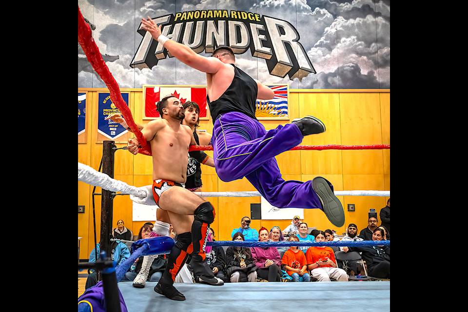 Action in the wrestling ring during a "Rumble at the Ridge" fundaising event at Panorama Ridge Secondary in Surrey on Sept. 26, 2024.