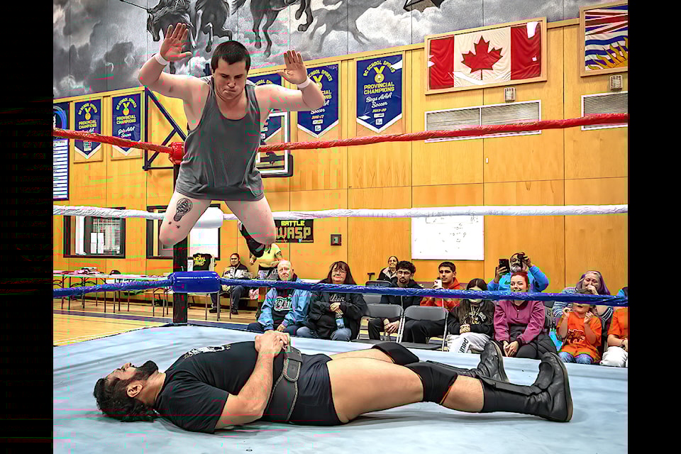 Action during the "Rumble at the Ridge 2" All Star Wrestling event at Panorama Ridge Secondary in Surrey on Sept. 26, 2024.