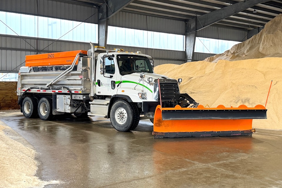 Snowplow-equipped truck parked near a mountain of road salt at a Dec. 5 news conference about the City of Surrey's snow-removal plans for the winter of 2024-2025, at Surrey Works Yard off 148 Street.