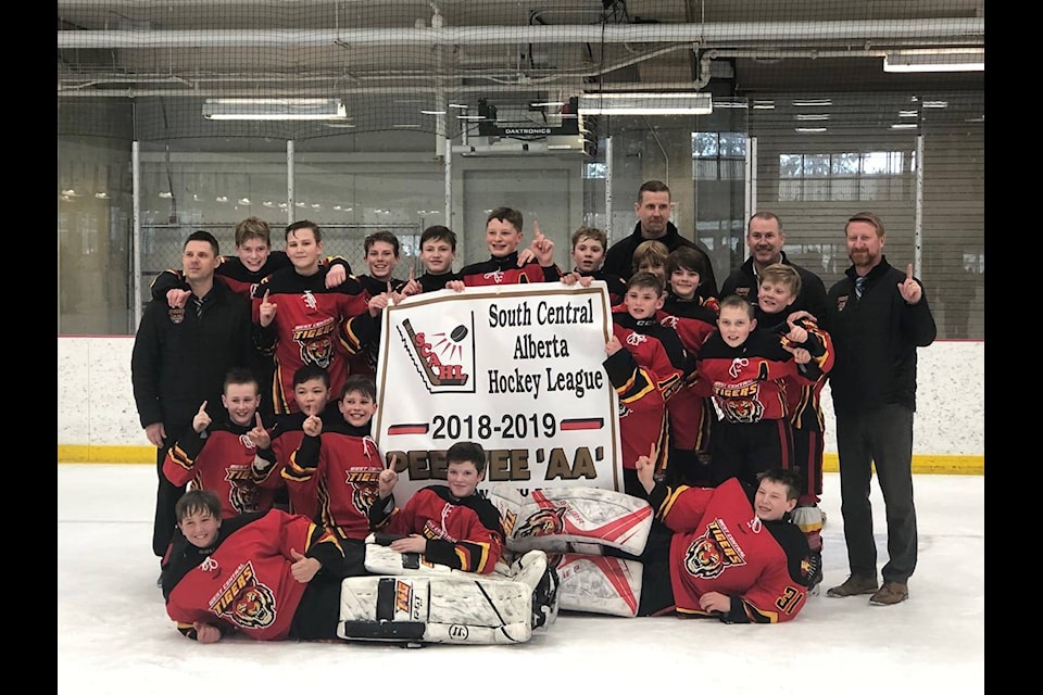 The West Central Peewee Tigers clinch the North Division title on March 10 with a 7-0 win over the Olds Grizzlys. The Tigers are now heading into a playoff series against the Medicine Hat Hounds. Photo Courtesy Of The West Central Tigers’ Facebook Page.