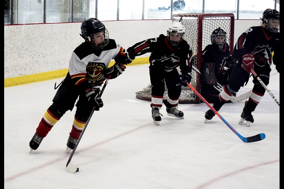 Blayze Wheeler looks to make a pass to a fellow Laker during the first period of the March 9 game. The Sylvan Lake Sobeys Atom AA Lakers faced off against the Cochrane Rockies in the NexSource Centre. Photo by Kaylyn Whibbs/Sylvan Lake News