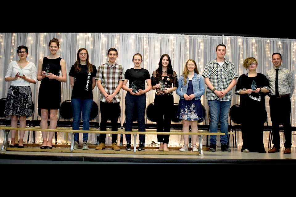 The Excellence Award winners pose on stage at the Community Centre. The group represent the six categories recognized at the Youth Spark Awards May 31. Photo by Kaylyn Whibbs/Sylvan Lake News