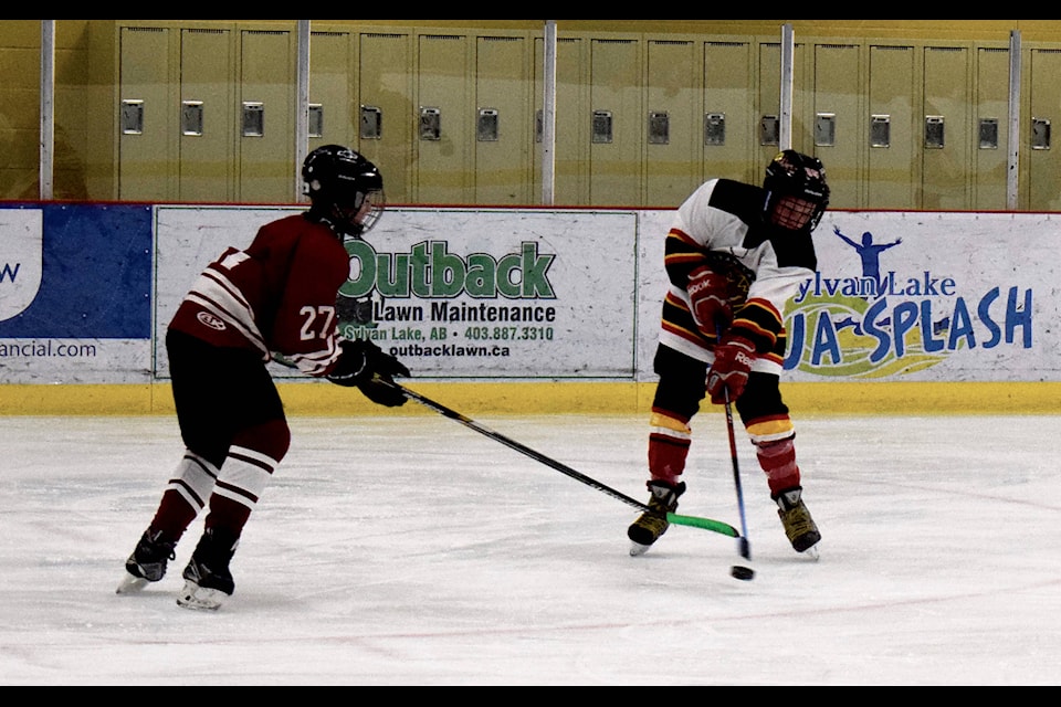 Bergen Rieberger looks to make a shot on net against the visiting 3 C’s Coyotes at the NexSource Centre on Nov. 24. The Sylvan Lake Peewee Lakers C won 2-1 after a pair of late game goals. Photo by Kaylyn Whibbs/Sylvan Lake News