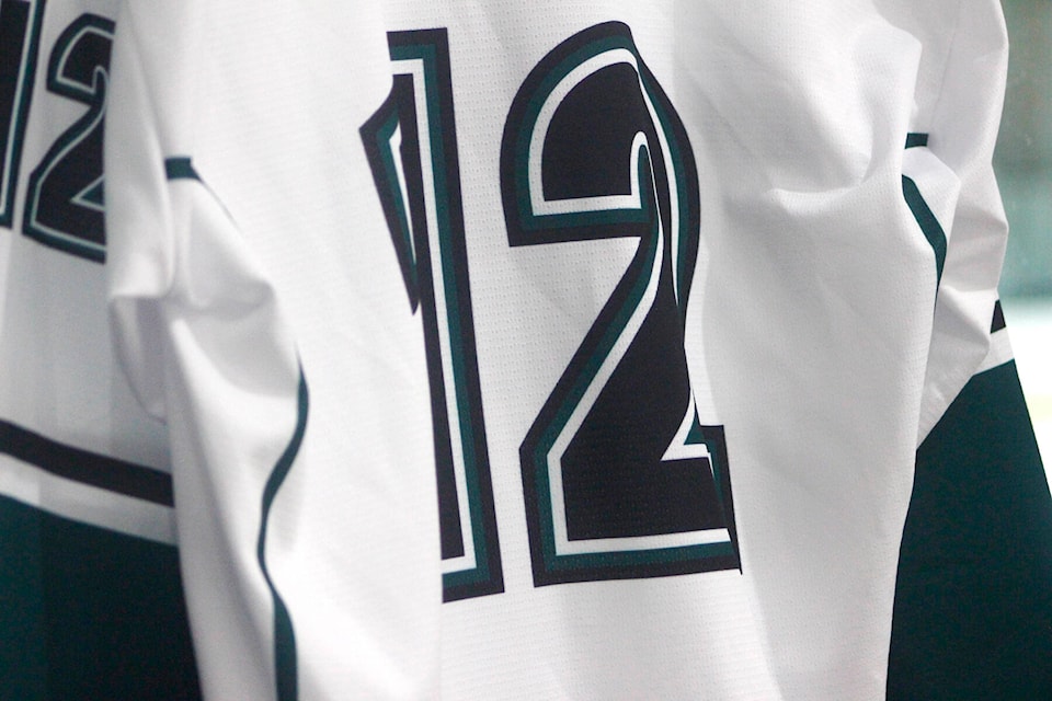A jersey ceremony was held March 10 at the Ponoka Arena Complex for former Ponoka players Sam Neath and Levi Busat. Number 12 was Busat’s number. (Photos by Emily Jaycox/Ponoka News)