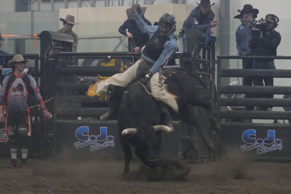 Twenty Bull riders including Griffin Koester, Fabien Dueck, Jett Lambert, Trinity Bear, Armando Davila, Cody Fitzpatrick, Jake Maher, Kobe Whitford, Eric O’Flynn, Billy Stuart, Cody Fraser, Wyatt Smith, Stefan Tonita, Elijah Gordon, Marshall Senger, Tanner Skene, Tristen Manning, Denver Leitch, Grady Young and Beau Gardner participated in the Bull Riders Canada Finals held at the NexSource Centre on Nov. 10 and Nov. 11. Final scores saw Leitch placing first with 170 points, Gordon placing second with 161 points, Dueck placing third with 153 points, Skene placing fourth with 85 points, Fraser placing fifth with 84 points, Fitzpatrick placing sixth with 82.5 points, Bear placing seventh with 81 points, Smith placing eighth with 80.5 points, Manning placing ninth with 80 points and Davilla and Koester tied for tenth place with 79.5 points. (Sarah Baker/Sylvan Lake News photo)
