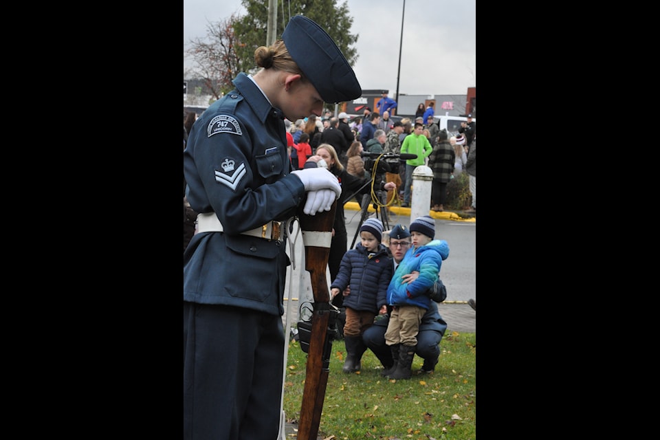 747 Air Cadet Squadron cadet at the cenotaph in front of city hall during Remembrance Day services Nov. 11, 2024.