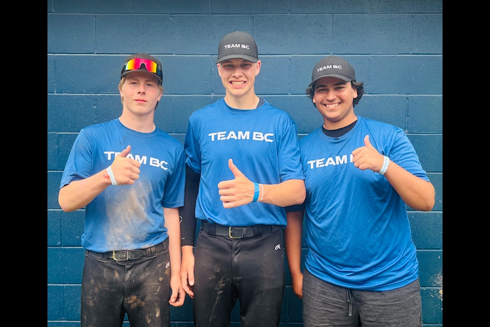 Gabe Ridler, left, Ryler Haugland-Kutenics, centre, and Issiah Mahil, right, and Nic Neid, inset photo, have been name to B.C.'s softball team for the Canada Games.