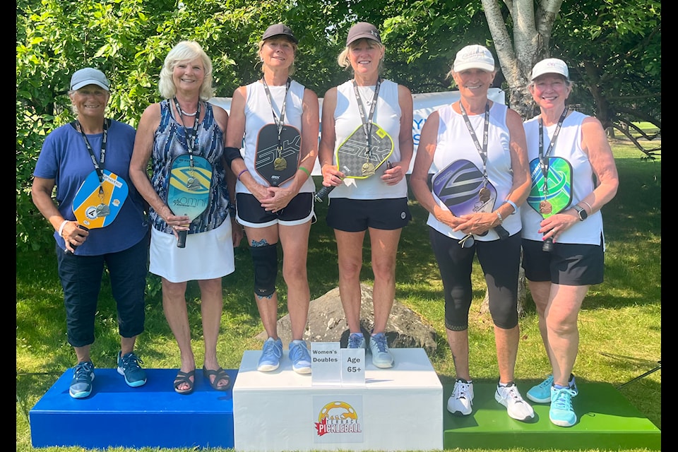 Women's Doubles (Over 65) Gold: Susan Casper, Donna Latimer,
Silver: Rita Prest, Valerie Hansen,
Bronze: Deanne Robichaud, Wendy Guenter. (Photo courtesy Terrace Pickleball)

