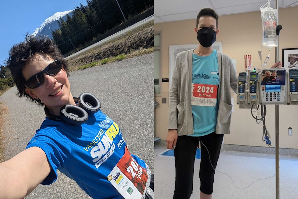 Jennifer Keys, a cancer survivor, ran a mini-version of the Vancouver Sun Run in 2024 inside the transplant ward of the Vancouver General Hospital. This year, she completed the full run virtually in her hometown of Terrace, B.C.