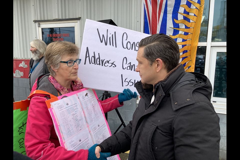 Skeena Seniors Society president Diana Penner had a chance to speak about housing with federal opposition leader Pierre Poilievre during a stop he made in Terrace.