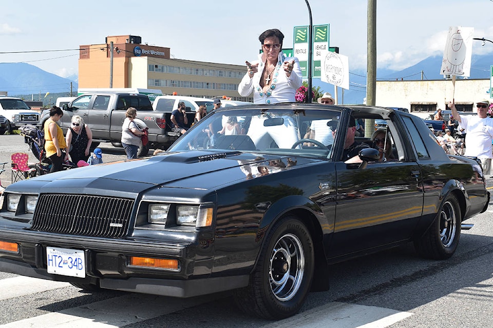Even Elvis couldn’t resist cruising down Lakelse Ave. for the Riverboat Days parade Aug. 2. (Brittany Gervais/Terrace Standard)