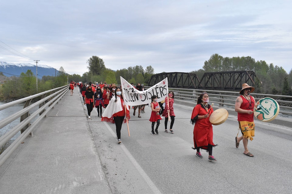 A memorial march takes place along Highway 16 also known as Canada’s ‘Highway of Tears’ on national day of awareness of Murdered & Missing Indigenous Women and Girls (MMIWG). Over five dozen people from nearby communities joined the march which began outside Terrace City Hall and ended at the memorial totem pole erected along Hwy 16, near Kitsumkalum. (Binny Paul/Terrace Standard)