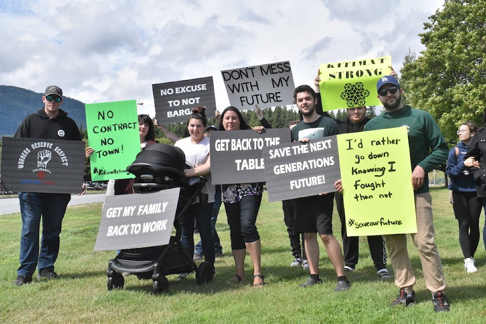 Residents gathered at Centennial Park in Kitimat ahead of a rally dubbed ‘save the northwest’ on August 5, 2021. People at the gathering called for Rio Tinto and Unifor Local 2301 to resume negotiations to resolve the labour disputes that led to a strike at the smelting facility. (Binny Paul/Terrace Standard)