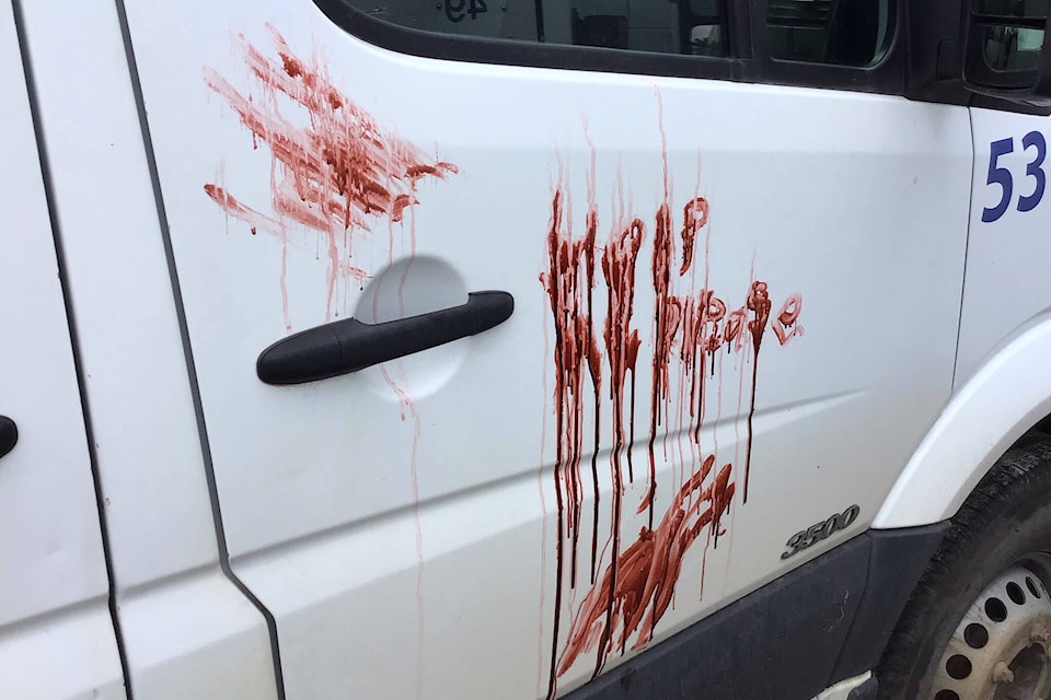Aqua Clear Bottlers vehicles were smeared with a red substance overnight between Sept. 21, and Sept. 22. RCMP believe the substance is costume blood. (Olivia Kopf/Terrace Standard)