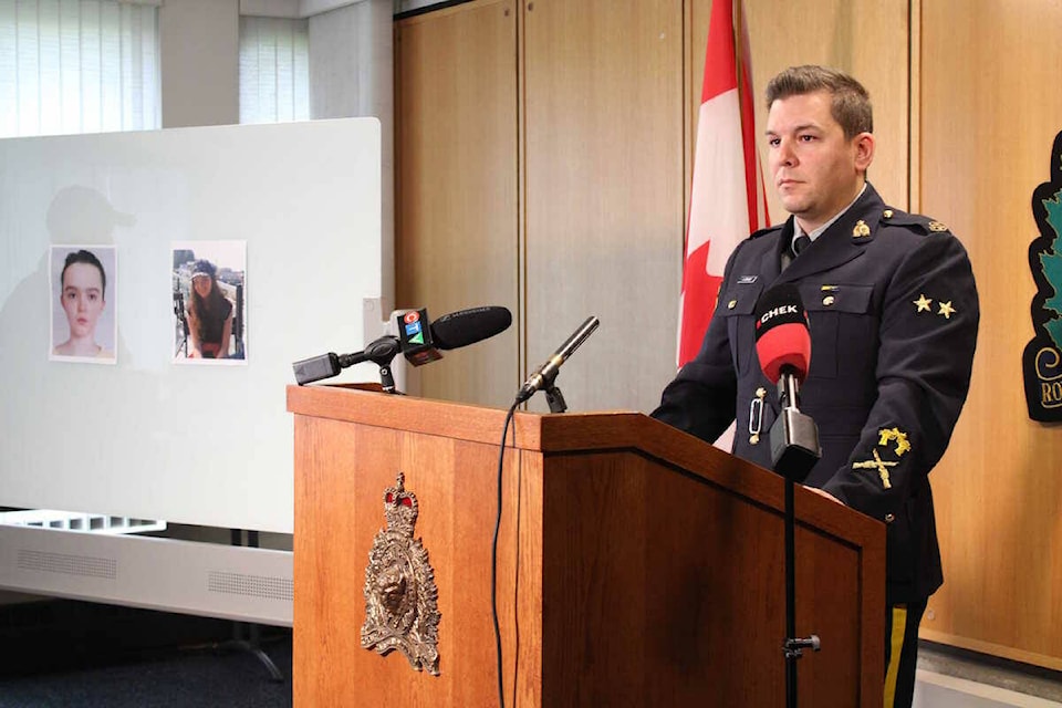 Vancouver Island RCMP Cpl. Alex Berube speaks at a news conference in Victoria on March 31. (Jake Romphf/News Staff)