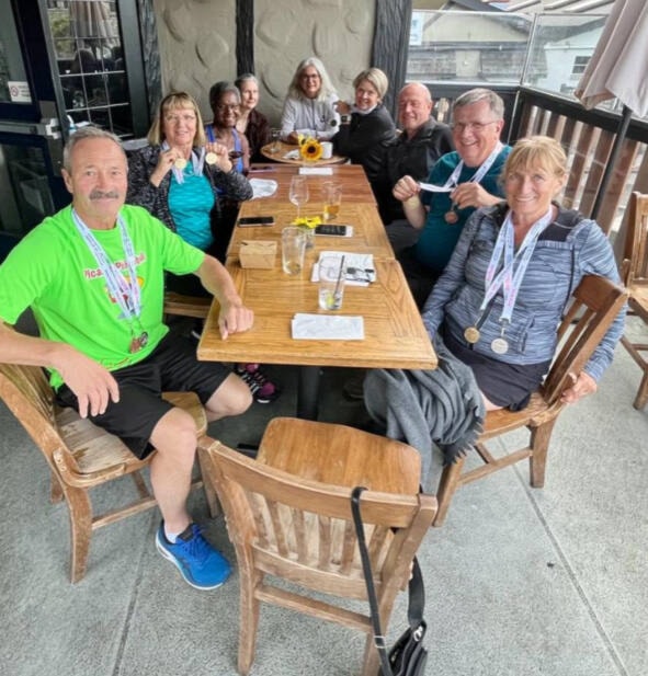 Terrace pickleball players competing at the 55+ Games in Victoria in September gather for a social outing between competitions. On the left, from the front, Byron Guenter, Ann Gillanders, Shelly Marrelli, Maggie who is a friend of Shelly Marrelli’s, and in the middle at the very back, Cindy Motschiling. On the right side, from the front, Wendy Guenter, Ken Dahms, Riaan De Wit and Jeany De Wit. (Photo contributed)