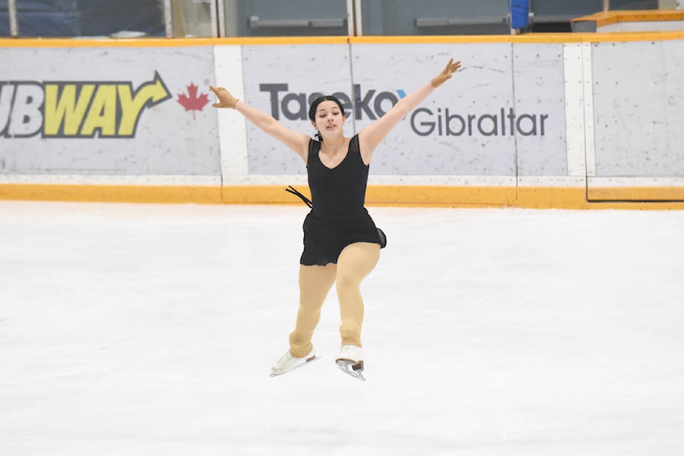 Aaliyah Beeton skates in the Gold Women’s Artistic category of the CNC Regionals in Williams Lake on Jan. 21. (Ruth Lloyd/Black Press Media)