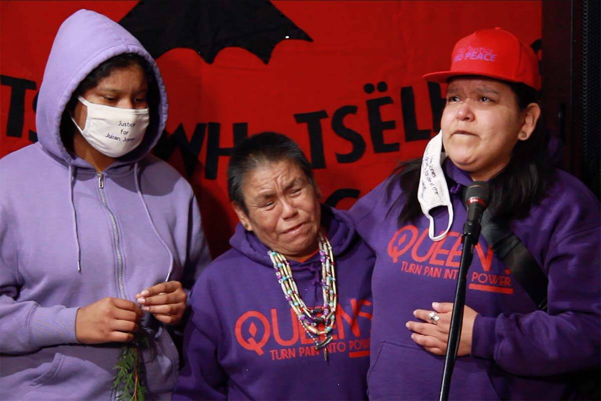 The family of Julian Jones, who was shot and killed by a Tofino RCMP officer in February 2021, speak at a gathering on the International Day Against Police Brutality on March 15, 2022. (Jane Skrypnek/Black Press Media)