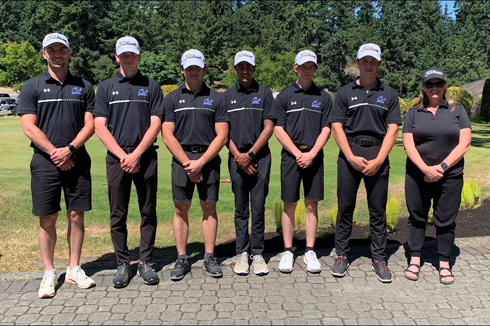 From left to right: Caledonia Secondary School physical education teacher and golf team coach David Lewis, Matthew McDicken, Kelton Shinde, Jovan Sangha, Mark Pietralla, Ashton Forsyth and assistant coach Tammy Braid at the 2023 BCSS ‘AAA’ Golf Provincial Championship in Nanoose Bay. (Photo courtesy of David Lewis)