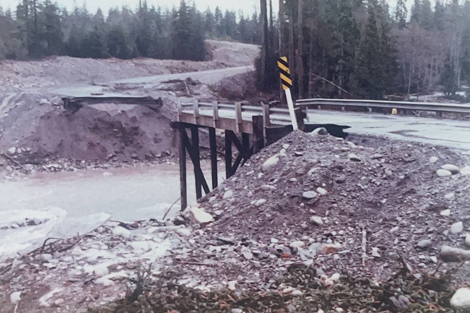 A potent depiction of Leanto Creek along Kalum Lake Rd., swollen and turbulent amidst the floods of 1978. This poignant snapshot emphasizes the wide-reaching impacts of the floodwaters on the local geography and infrastructure, forcing officials to rebuild it. (B.C. Ministry of Transportation and Infrastructure photo)