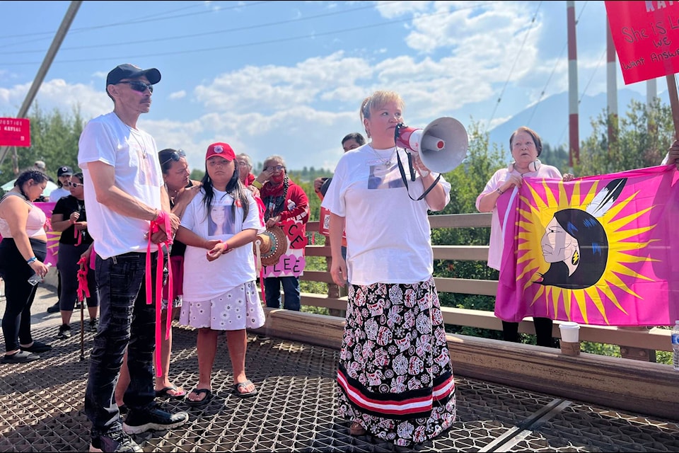 Jennifer Gunanoot, grieving mother of Kaylee Gunanoot, passionately addresses the crowd during the protest at Hagwilget Canyon Bridge on July 28, urging for justice and accountability following her daughter’s alleged murder on the Hagwilget First Nation reserve. (Viktor Elias/Terrace Standard)