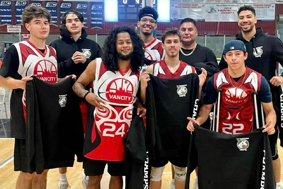 The Burnaby Chiefs celebrate their victory in the men’s division at the 2023 Terrace Riverboat Days Opens Men’s & Ladies Basketball Tournament. Their triumph marks a highlight in a competition that brought together 34 teams from across the province and region. (2023 Terrace Riverboat Days Opens Mens & Ladies Basketball Tournament/Facebook)