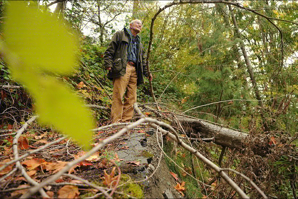 Richard Holmes stands on what’s left of his driveway on Oct. 17, 2023 after it was washed away during the floods and mudslides in November 2021. After three years, he and other Chilliwack River Valley residents are still without resolution after their homes were deemed unsafe to live in, or destroyed. (Jenna Hauck/ Chilliwack Progress file)
