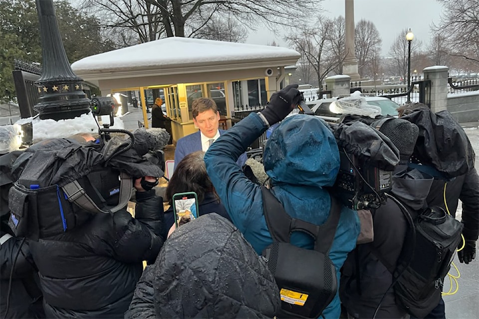 Premier David Eby speaks to reporters outside the White House Wednesday afternoon after meeting with Trump officials as part of a delegation of Canadian premiers and territorial leaders. 