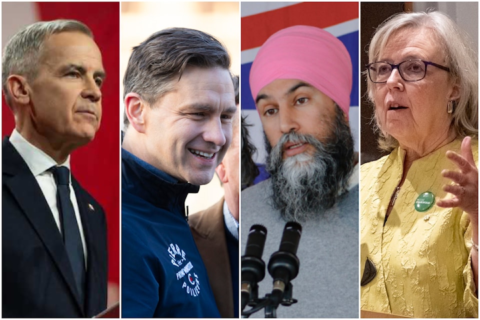 From left: Liberal Party of Canada Leader Mark Carney, Conservative Party of Canada Leader Pierre Poilievre, NDP Leader Jagmeet Singh and Green Party of Canada Leader Elizabeth May. Carney, who became prime minister on March 10, met with Gov.-Gen. Mary Simon March 23 to dissolve parliament and call the next federal election. 