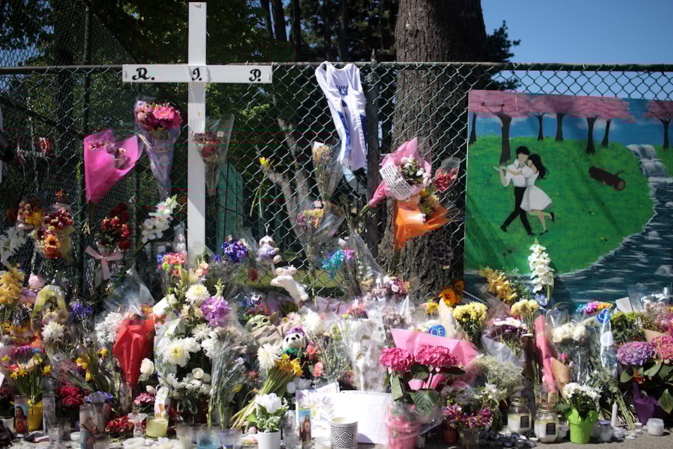 A growing memorial for the victims in the Lapu Lapu Day festival attack sits at the corner of East 41st Avenue and Fraser Street. Friday, May 2 was a provincial day of mournlng and remembrance for the attack that killed 11 and injured at least two dozen others on April 26, 2025.