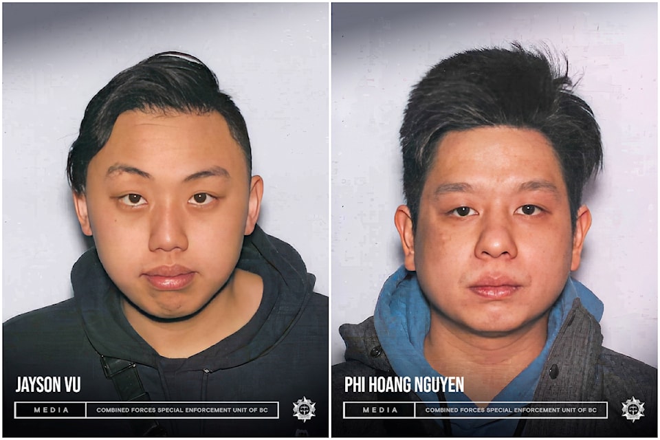 B.C. gang police say arrest warrants are out for two men, Jayson Vu and Phi Hoang Nguyen, charged in a Lower Mainland drug-trafficking investigation. 