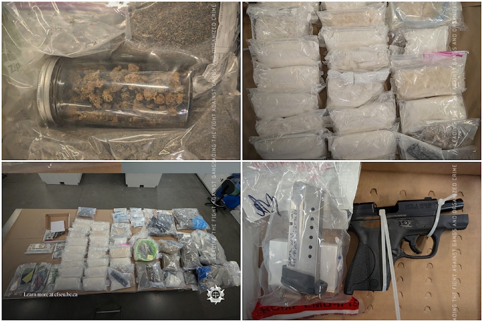B.C. gang police say arrest warrants are out for two men charged in a Lower Mainland drug-trafficking investigation that led to the seizure of multiple drugs, a firearm and ammunition, cash and vehicles.