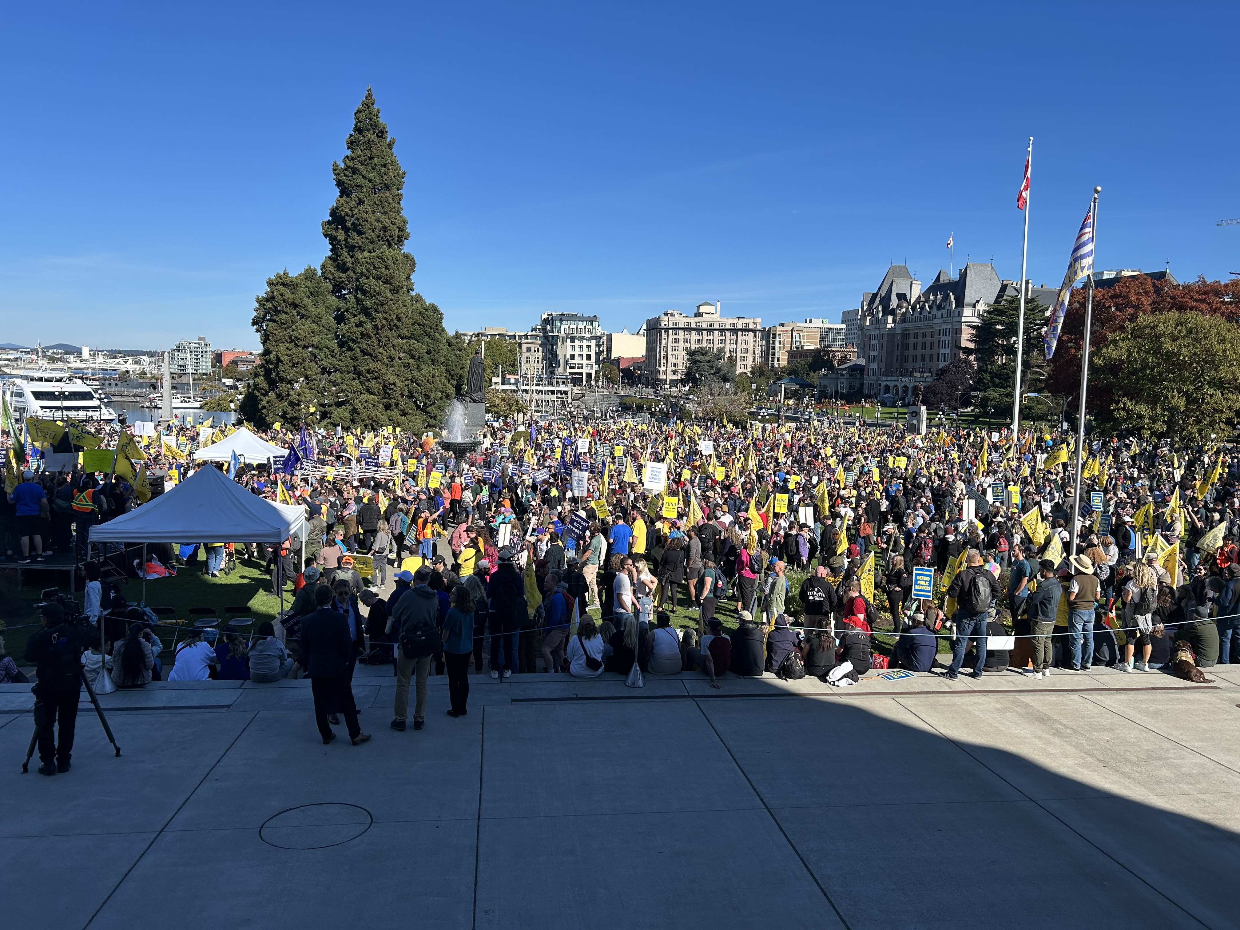 Thousands rally in front of the B.C. legislature in support of striking public sector workers on Monday, Oct. 6.