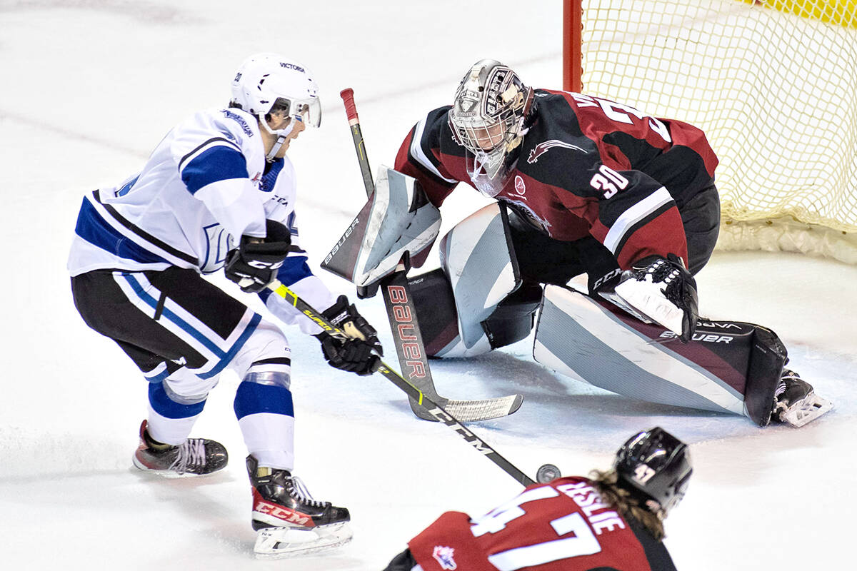 Giants netminder Jesper Vikman was pulled at the start of the third period. A valiant comeback fell just short for the Giants Saturday, Feb. 26 in what ended up as a 4-2 loss to the Victoria Royals on the road.(Jay Wallace/Special to Langley Advance Times)