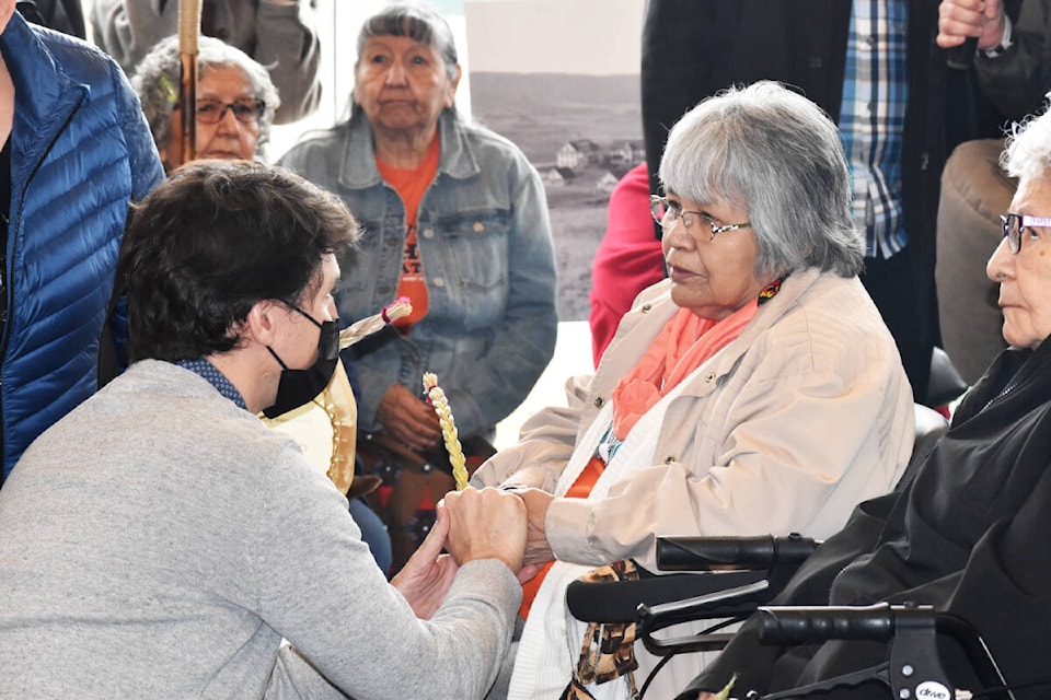 Prime Minister Justin Trudeau meets with Williams Lake First Nation elder and residential school survivor Rose Johnson on Wednesday, March 30. (Monica Lamb-Yorski photo - Williams Lake Tribune)
