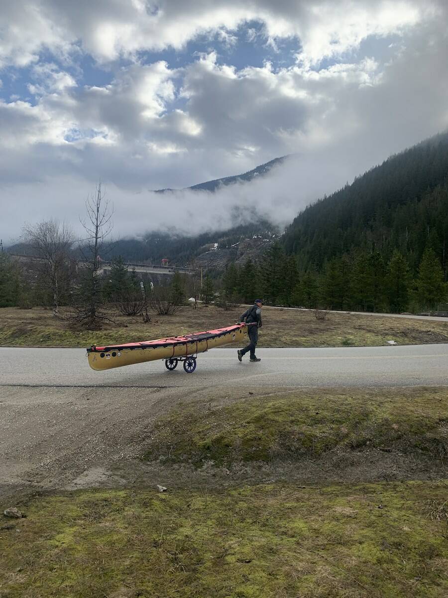 Bert terHart portaging his canoe, Kai Nani, just north of Revelstoke on April 27. (Contributed by Leah terHart)