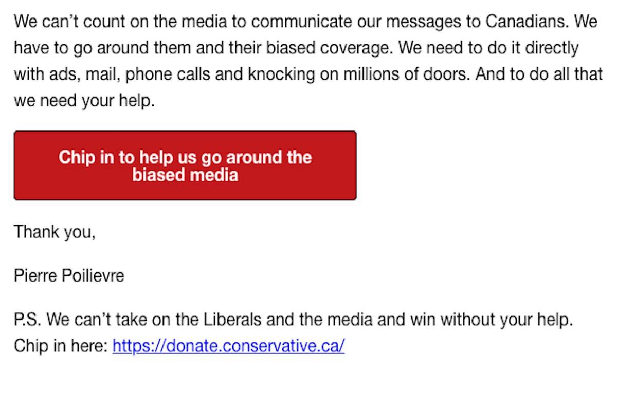 Conservative Leader Pierre Poilievre pens an email encouraging supporters to donate to help go around the biased media on Sept. 13, 2022 (email screenshot)