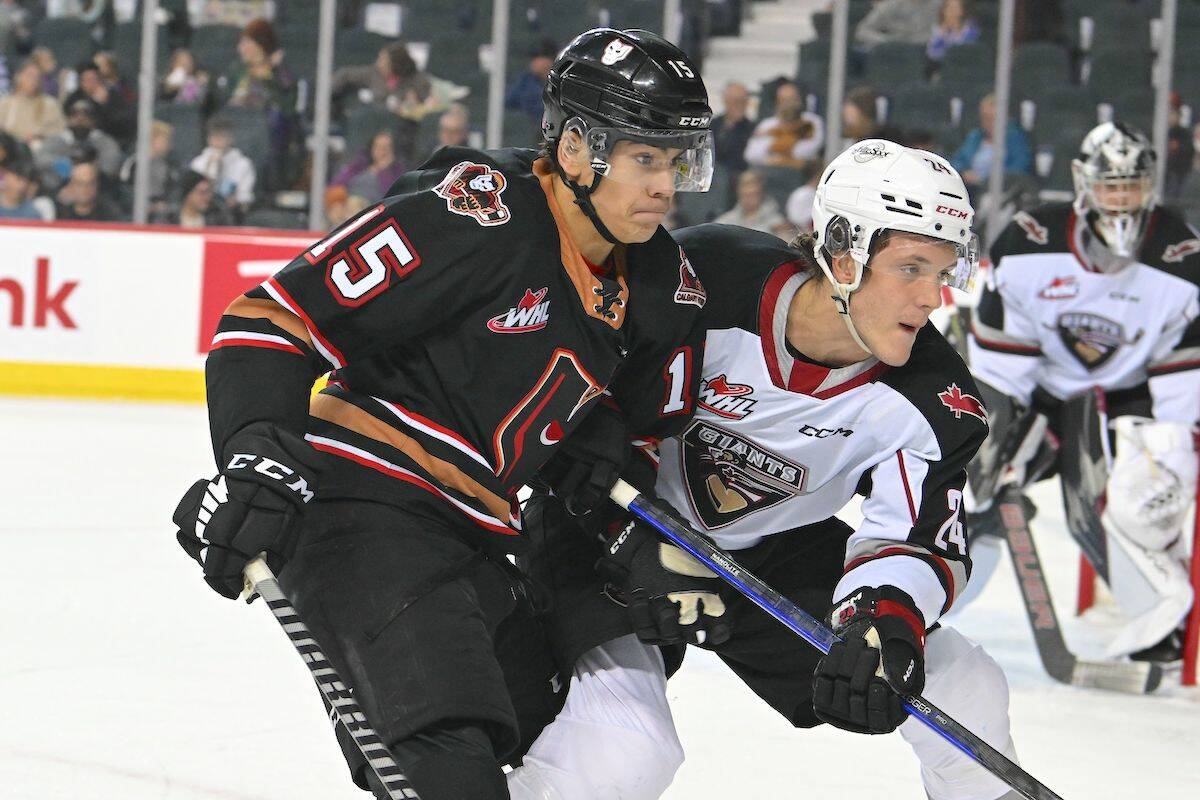 Calgarys Maxim Muranov and Vancouvers Brenden Pentecost, at the Sunday, Oct. 30 game that saw the Calgary Hitmen, eket a narrow 3-2 win. (Cassandra Vilgrain/Special to Langley Advance Times)