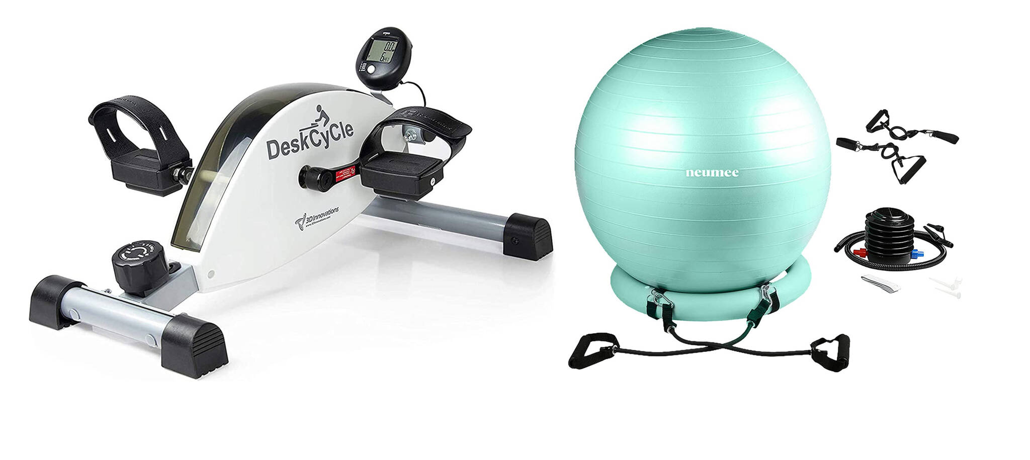 An under-desk cycle or exercise ball remain popular options to boost fitness while you work. Left: DeskCycle Under Desk Exercise Bike; Right: NEUMEE Exercise Ball Chair with Resistance Bands. Amazon photos