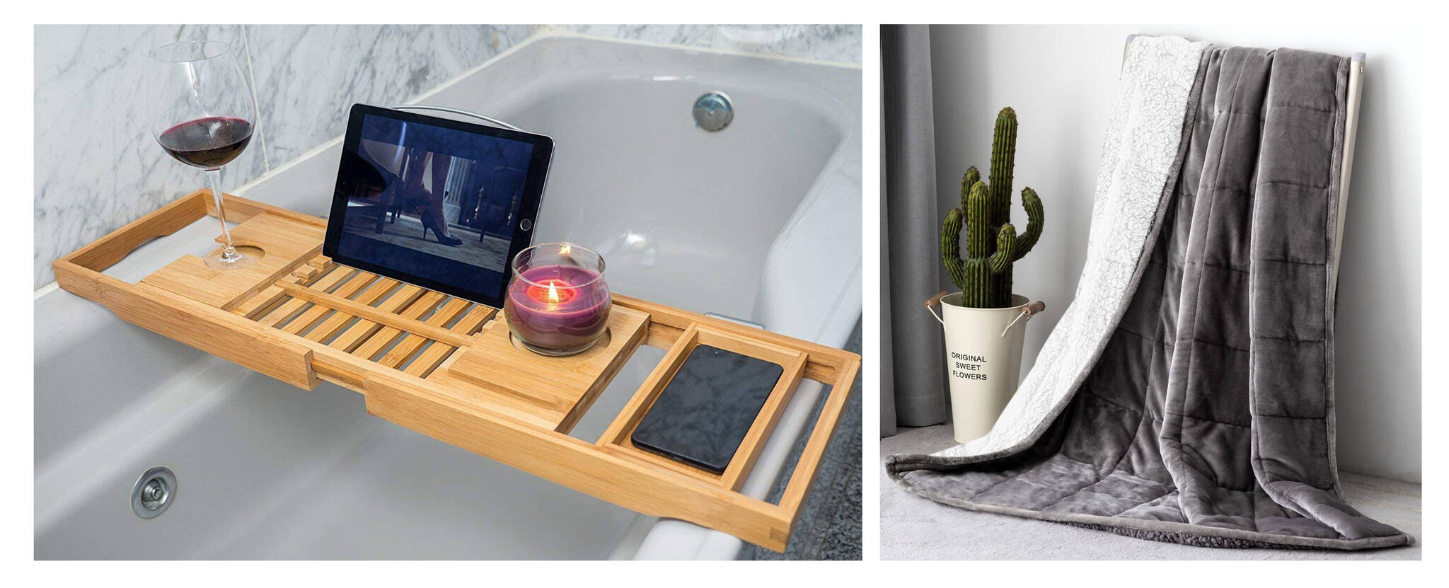 Self-care is a valuable piece of your wellness tool-kit. Left: Utoplike Bathtub Caddy Tray; Right: Topblan Sherpa Fleece Weighted Blanket. Amazon photos