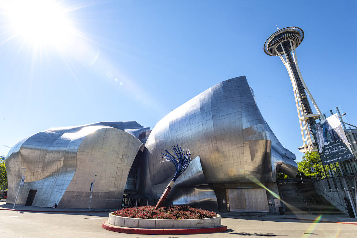 The exterior of Seattles Museum of Pop Culture, with the Space Needle in the distance. (Photo: mopop.org)