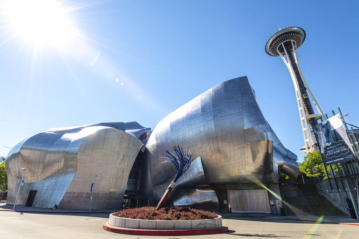 The exterior of Seattles Museum of Pop Culture, with the Space Needle in the distance. (Photo: mopop.org)