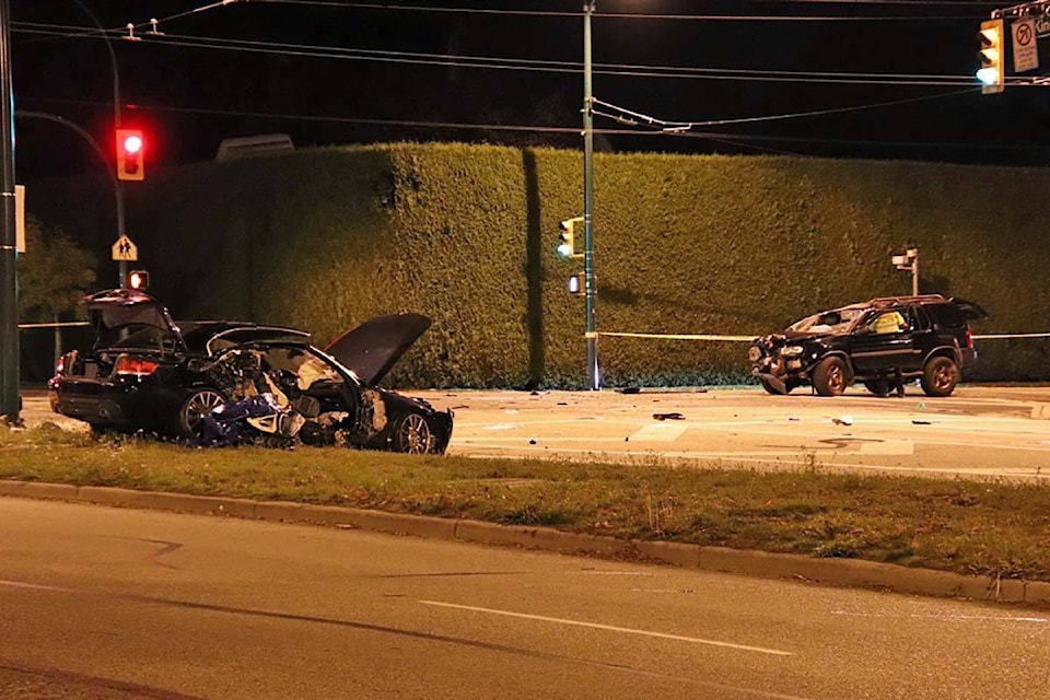 An 18-year-old woman was left in critical condition Saturday night (Oct. 7) after being part of a two-vehicle crash at Granville Street and King Edward Avenue. (Credit: Shane MacKichan)