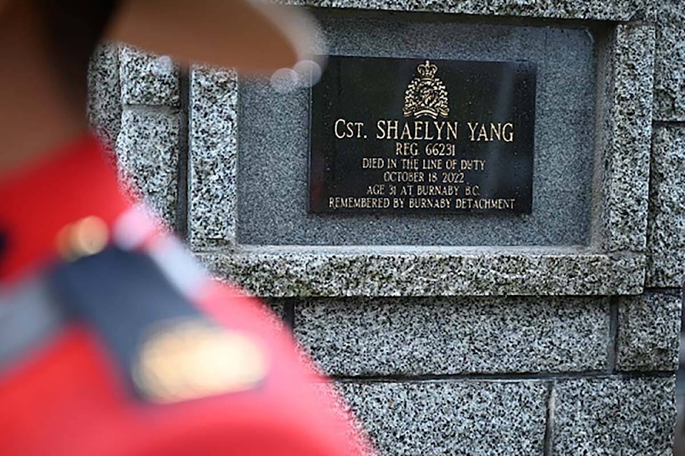 Burnaby RCMP marked the one-year anniversary of the death of Const. Shaelyn Yang on Wednesday (Oct. 18), with the unveiling of her name on their detachment’s cenotaph. Yang was fatally stabbed on Oct. 18, 2022 while accompanying a city staffer to serve a homeless man with an eviction notice. (Photo courtesy of Burnaby RCMP)