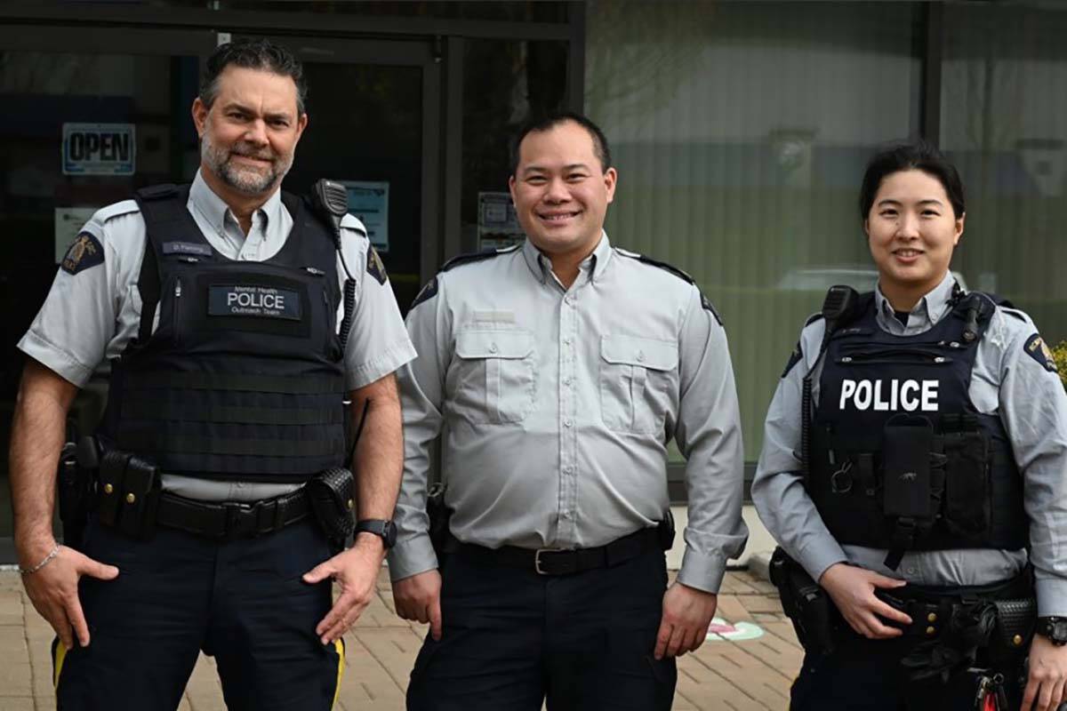 Const. Shaelyn Yang poses beside Corp. Jason Wong (centre) and Const. Damian Fleming (left) from Burnaby RCMPs Police Mental Health and Homeless Outreach Team in an image taken in April 2022. Yang was fatally stabbed on Oct. 18, 2022 while accompanying a city staffer to serve a homeless man with an eviction notice. (Photo courtesy of Burnaby RCMP)