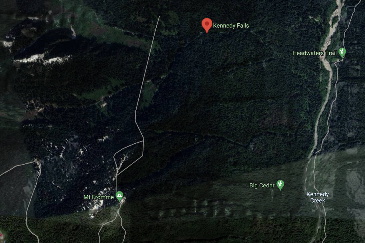 North Shore SAR says there is no trail between Mount Fromme and the Kennedy Falls area. The SAR successfully got Google to remove the path off its maps app on Nov. 6, 2023. (Google Maps)