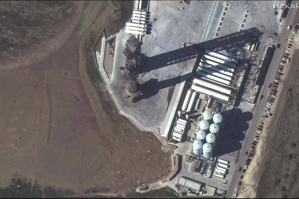This image provided by Maxar Technologies shows a closeup view of SpaceX Starship stacked atop of the Super Heavy booster at the launch site, Friday, Nov. 17, 2023, in Boca Chica, Texas. (Satellite image ©2023 Maxar Technologies via AP)